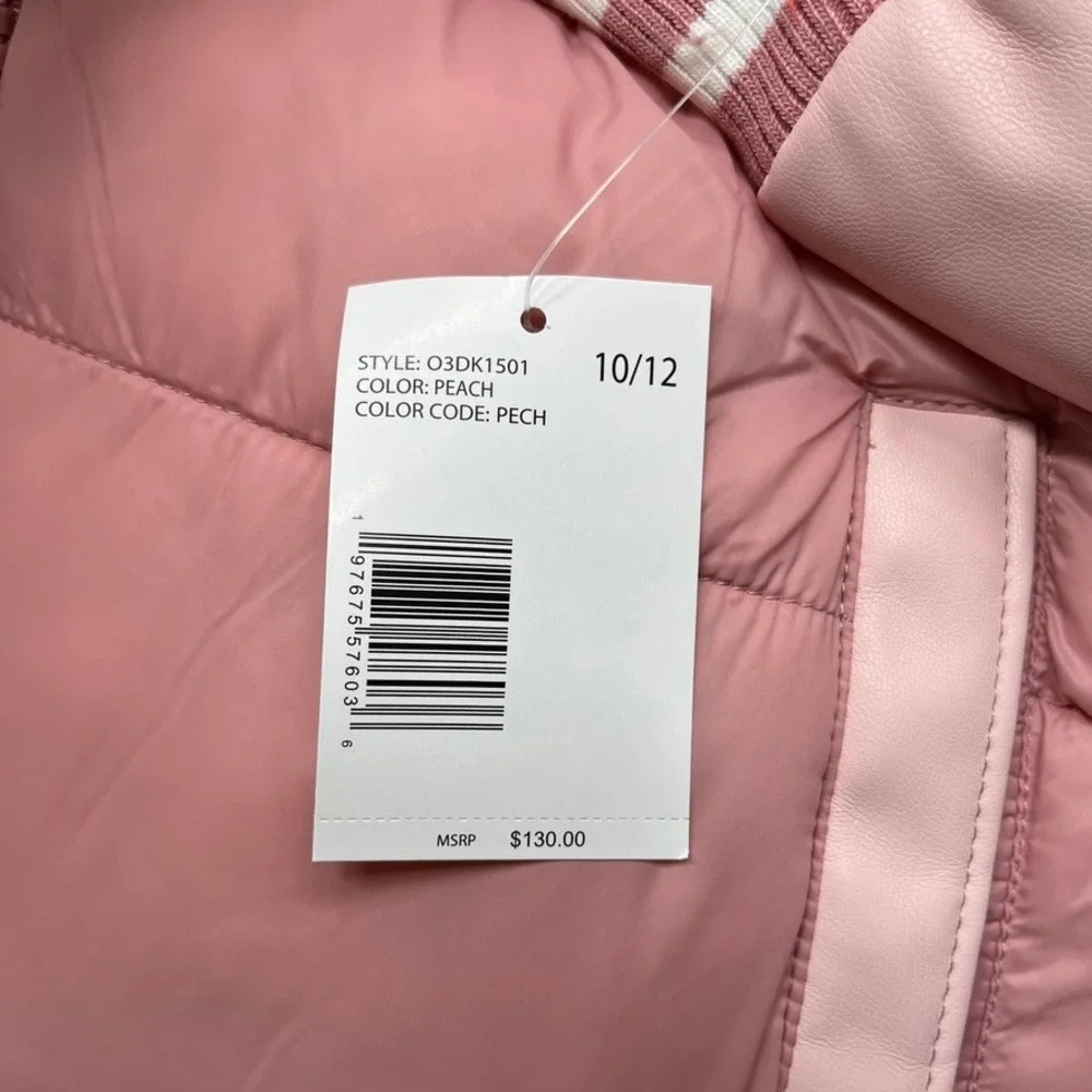 DKNY Girls Pink Puffer Jacket Faux Leather Sleeves Size 10/12 Y2K Streetwear